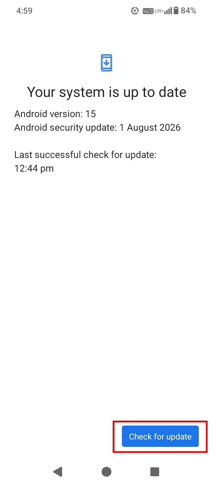 Android 15 system update screen showing Check for update option