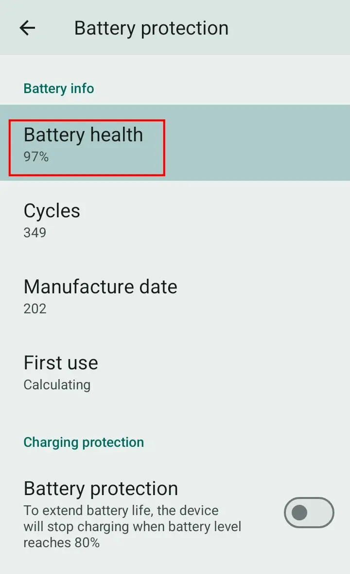 POCO C71 Android 15 battery health screen showing 97 percent battery health
