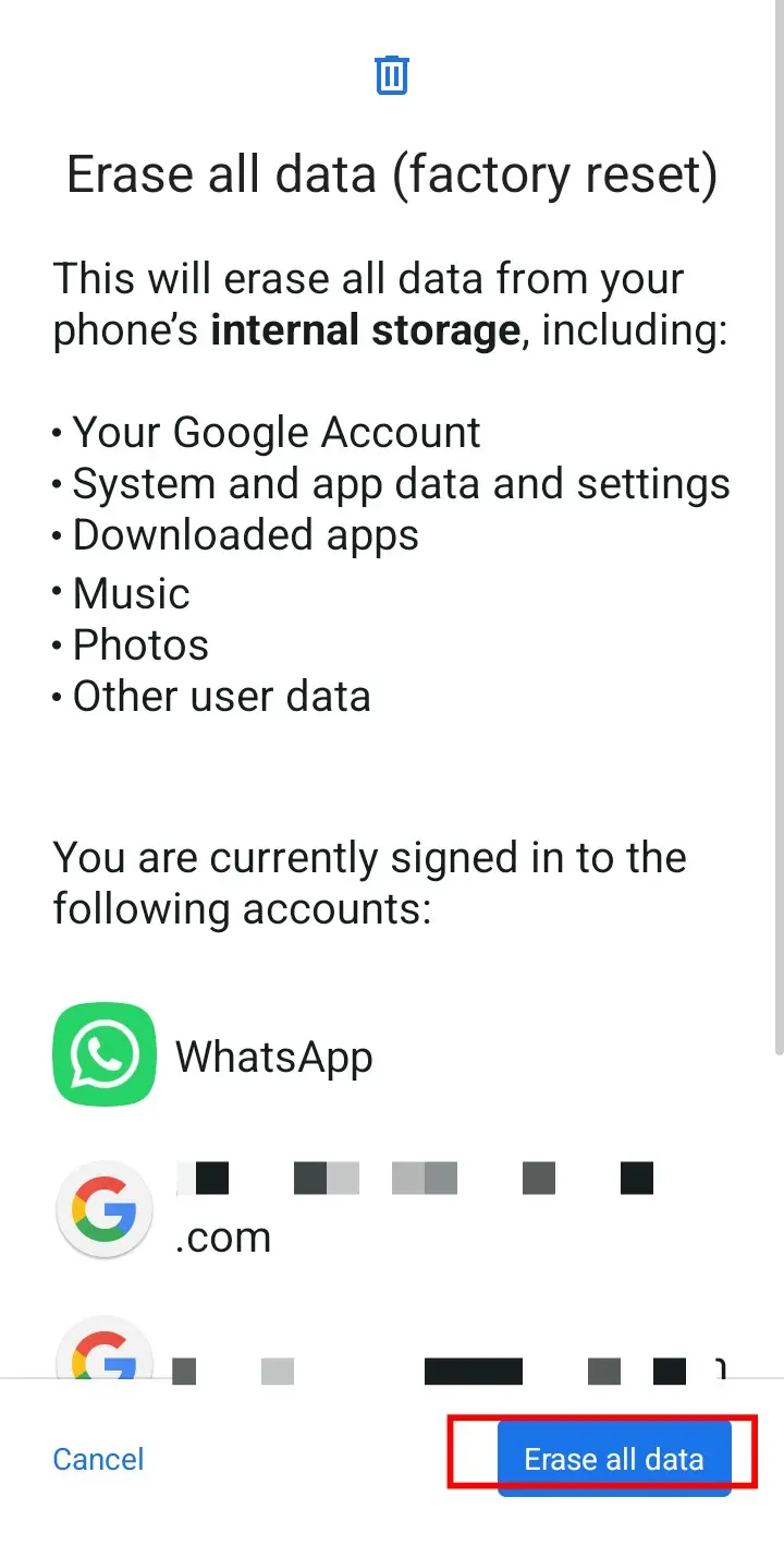 POCO C71 Android 15 factory reset screen showing Erase all data