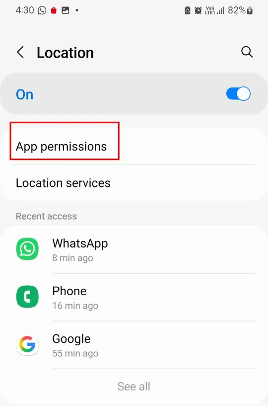 Samsung Galaxy M21 location app permissions settings on Android 12