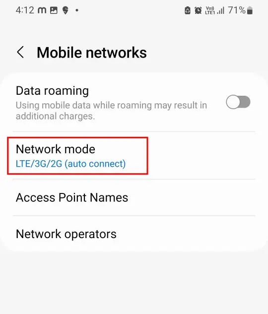 Samsung Galaxy M21 mobile network mode settings on Android 12
