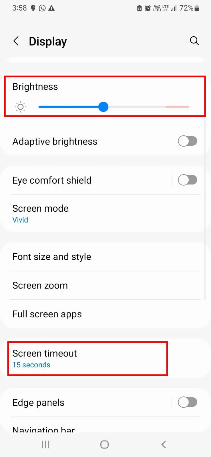 Samsung Galaxy M21 display settings showing brightness and screen timeout