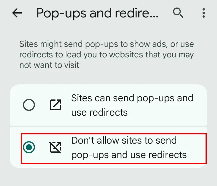 Chrome pop-ups and redirects blocked on Android