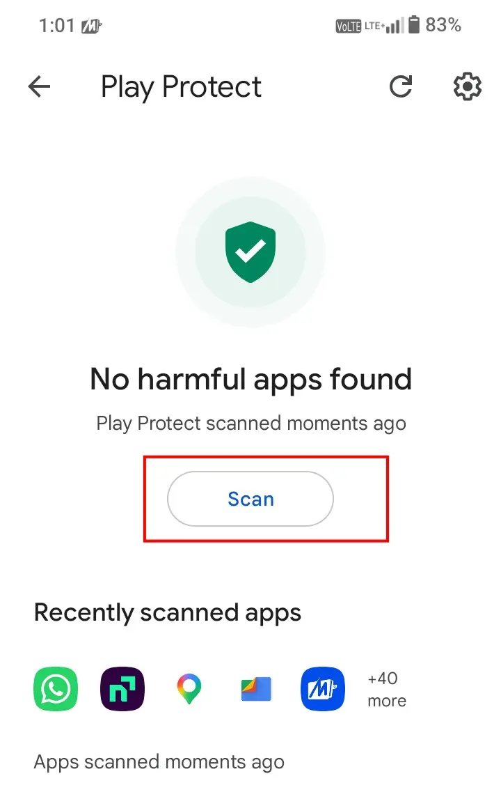 Google Play Protect scan — no harmful apps found