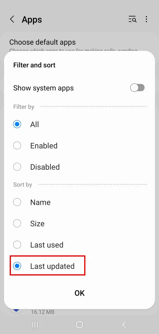 Samsung apps sorted by last updated