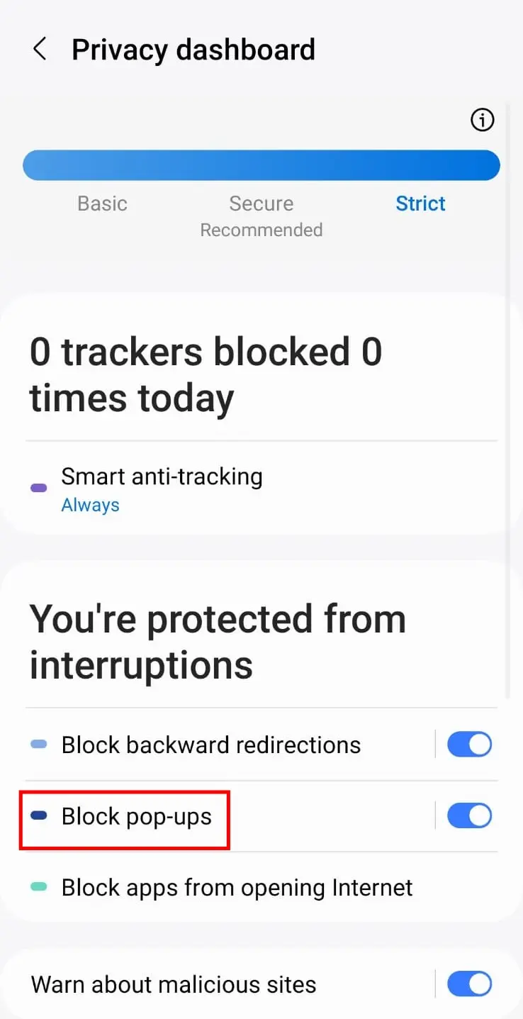 Samsung Internet block pop-ups on Galaxy M21