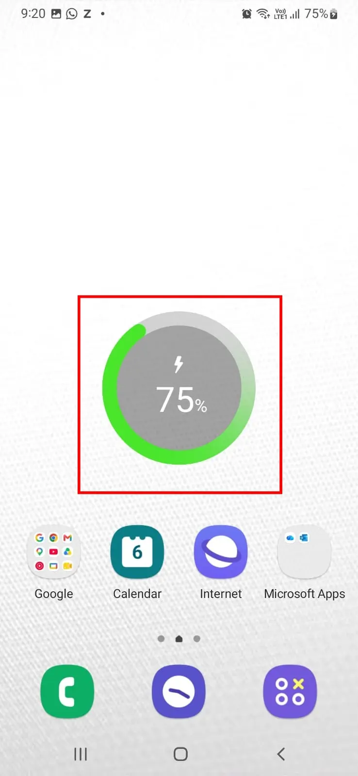 Charging screen on Samsung Galaxy M21 showing battery at 75 percent