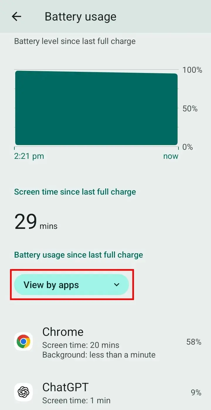 Android 15 Battery usage screen showing app battery consumption
