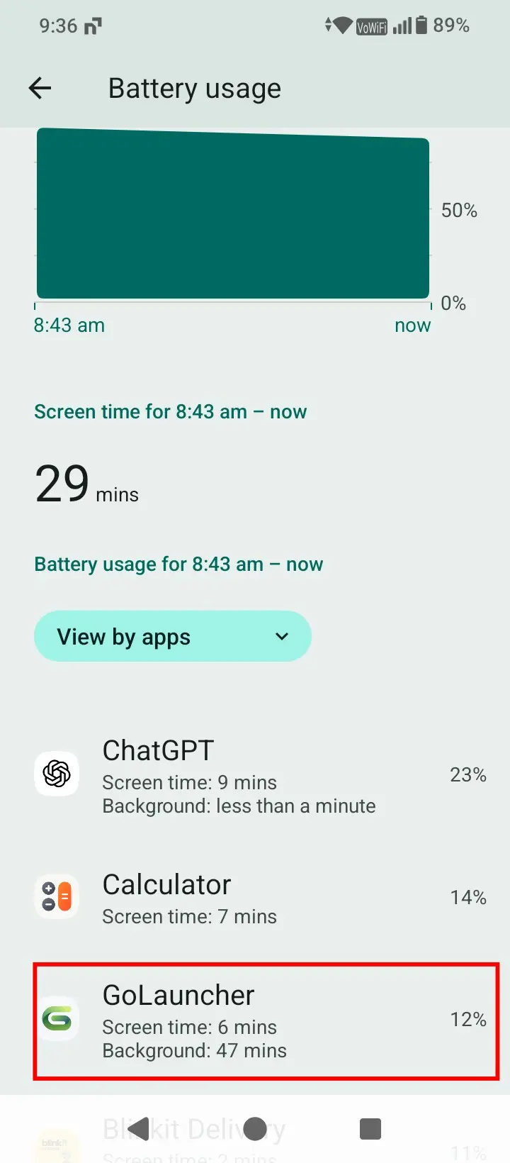 Battery usage screen on POCO C71 showing an app with high background activity