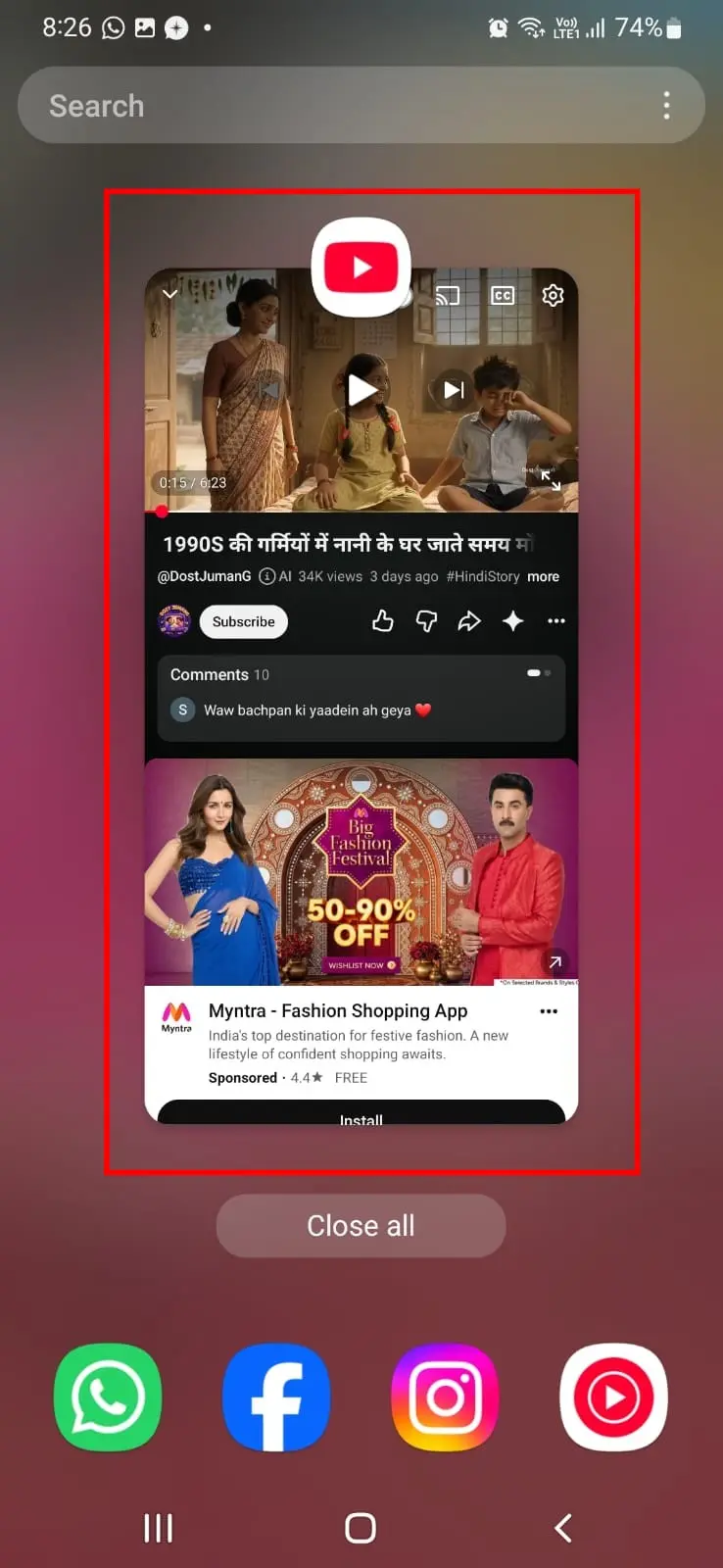 Recent Apps screen on Samsung Galaxy M21 showing YouTube as an example of a demanding app